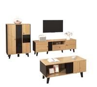 Ensemble de Meubles Salon 3 pièces - Table Basse, Meuble TV et Buffet - Design Moderne scandinave Bois avec détails Noirs - espaces de Rangement Multiples - Finition résistante à l’Eau (Noir+Bois)