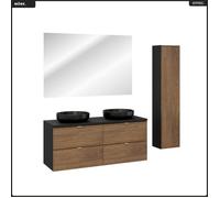 Ensemble de meubles sous vasque - OTITEC - 120 cm - 2 Vasques - Miroir LED - Colonne - Chêne Casella - Noir mat