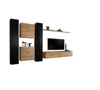 Ensemble de meubles supsendus pour votre salon mural collection SWITCH VI. Coloris chêne Wotan et noir brillant.