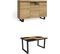 Ensemble de meubles, Table 140 Bicolore pieds U 6 convives, Buffet 140 Tall, Chêne et Noir