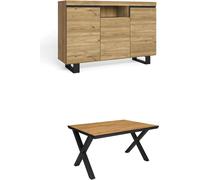 Ensemble de meubles, Table 140 Front Noir pieds X 6 convives, Buffet 140 Tall, Chêne et Noir