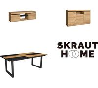 Ensemble de meubles, Table 200 Bicolore pieds U 10 convives, Meuble TV 140, Buffet 140, Chêne, Noir