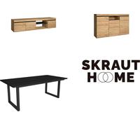 Ensemble de meubles, Table 200 Noire pieds U 10 convives, Meuble TV 160, Buffet 140, Chêne et Noir