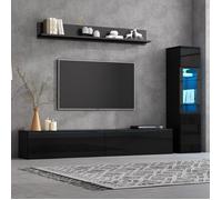 Ensemble de meubles TV en trois parties, comprenant un meuble TV, une vitrine et une étagère murale avec éclairage LED - Noir