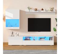 Ensemble De Meubles TV Muraux 175 X 39 X 34 cm, Mur Multimédia Comprenant Un Meuble TV, Une Étagère sur Pied Et Une Étagère Murale, Ensemble De Meubles De Salon avec LED, Blanc