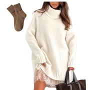 Ensemble de mini robe pull à col roulé avec robes à enfiler en dentelle pour femme, ensemble 2 pièces surdimensionné et élégant avec bordure en dentelle, 04, L