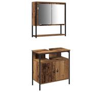 Ensemble de Mobilier de Salle de Bain 2 Pièces Marron en Bois d'Ingénierie | Cabinet à lavabo,porte affleurante,cabinet mural avec miroir,boutons raffinés,compartiments séparés,fixation murale