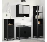 Ensemble de mobilier de Salle de Bain 4 pcs chêne Noir Bois d'ingénierie avec tiroirs et étagères, Meuble sous-Vasque, Miroir Plan, Cabinet Flottant pour Rangement Pratique et Design Moderne