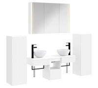 Ensemble de Mobilier de Salle de Bain 6 pc Blanc avec Cabinet Miroir LED | Bois technique et verre,porte réversible,LED USB,compartiments et tiroirs,sans trous pré-percés,2 forets inclus