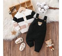 Ensemble de mode mignon et polyvalent pour bébé garçon, comprenant un cardigan à manches longues avec imprimé rayé, une application d'ours et un pantalon long bicolore, nouvelle arrivée 6-9M,9-12M,12-