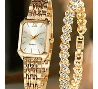 Ensemble de montre 2 pièces/1 pièce pour femme, montre dorée et bracelet, cadran blanc carré minimaliste vintage avec chiffres romains, bracelet en métal en acier inoxydable, bracelet assorti avec str
