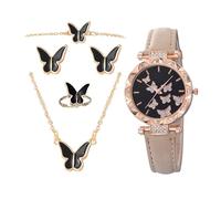 Ensemble De Montres Pour Femmes - Bijoux Papillon 5 Pièces | Montre-bracelet Étanche Avec Collier, Boucles D'oreilles Et Bagues Assortis, Cadeau Tendance Décontracté Pour Petite Amie, Voyage Et Rendez