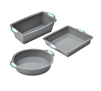 Ensemble de moules à gâteau en silicone gris avec trois moules à gâteau dont des formes carrées circulaires et rectangulaires pour des besoins polyvalents de pâtisserie à la maison