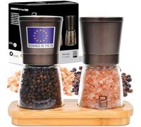 Ensemble de Moulin à Poivres et Sel en Acier Inoxydable Noir Avec Support en Bois Bambou - Salière et Poivrières avec Grosseur Réglable - Moulin à Poivre Noir et Moulin à Sel