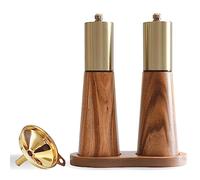 Ensemble de moulins à sel et à poivre dorés avec base en bois, entonnoir doré gratuit, salière et moulin à poivre manuel en acier inoxydable, épaisseur réglable, convient pour la cuisine (moulin à sel