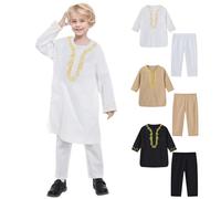 Ensemble de Musulman Moyen-Orient pour Garçon - Enfant Costume Musulman à Manches Longues et Col Rond et Pantalon - Vêtements Traditionnels Ramadan pour Dubaï Tenues Musulmanes