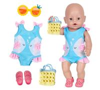 Ensemble de natation 4 pièces compatible avec poupée de natation pour nouveau-né de 35 à 45 cm, petit poisson, vêtements de poupée avec maillot de bain bleu, sac, lunettes, pantoufles, accessoires de