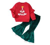 Ensemble de Noël 2PCS pour bébé Fille Mes Premiers vêtements de Noël Chandail de Velours pour bébé + Pantalon à clochettes z17