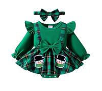 Ensemble de Noël Bébé Fille Robe, Serre-tête avec Un nœud, Robe de Princesse Bébé Fille à Carreaux Manches Longues, Dessin animé Imprimé De Noëls Robes, Robes Fête Col Rond Décontractée