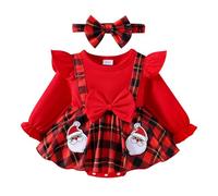 Ensemble de Noël Bébé Fille Robe, Serre-tête avec Un nœud, Robe de Princesse Bébé Fille à Carreaux Manches Longues, Dessin animé Imprimé De Noëls Robes, Robes Fête Col Rond Décontractée