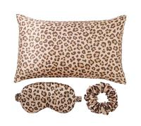 Ensemble de Nuit 3 Pièces en Satin Imprimé Léopard - 1 Taie d'oreiller, 1 Masque de Sommeil et 1 Chouchou pour Les Cheveux, Fermeture Portefeuille, Cadeau pour Femmes et Filles, Marron,