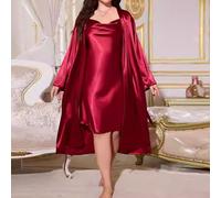 Ensemble de Nuit Grande Taille pour Femmes en Satin : Nuisette en Soie à Bretelles et Robe à Manches Longues, vêtements de détente de Luxe pour des Nuits relaxantes (4XL)