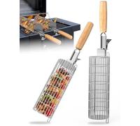 Ensemble de panier de barbecue roulant avec poignée en bois amovible, acier inoxydable 304, accessoires de barbecue pour barbecue extérieur, légumes, viande et fruits de mer, cadeaux pour homme