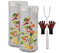Ensemble de paniers à griller roulants avec fourchette et gants, panier de gril cylindrique en treillis métallique portable en acier inoxydable pour légumes, frites, poisson - Passe au lave-vaissell