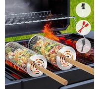 Ensemble de paniers de grillage enroulable emboîtables 2 Paniers de barbecue cylindriques en acier inoxydable avec poignée en bois (30×10cm + 29×9cm) accessoires de barbecue pour légumes