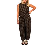 Ensemble de pantalons pour femme - Loose - À carreaux - Sans manches - Col rond - Gilet et taille élastique - Pantalon chino Y2k - Tenues vichy confortables - Deux pièces Confort