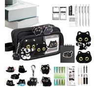 Ensemble De Papeterie Chat Avec Trousse À Crayons - Tissu Oxford 22x8x12cm | Pochette De Rangement Au Design Noir Mignon Avec Stylos, Pinces À Notes Autocollantes Et Carnet De Notes | Fournitur