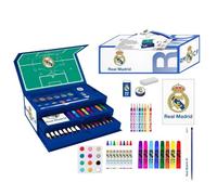 Ensemble de papeterie colorée Real Madrid - Trousse scolaire complète pour enfants avec marqueurs, crayons de couleur et accessoires officiels du club blanc pour dessiner et colorier, Mallette Real