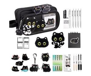 Ensemble de papeterie pour chat | Fournitures scolaires Chat noir | Grande trousse à crayons Grand espace de rangement - Tissu Oxford 22 x 8 x 12 cm Plusieurs compartiments robustes | Stylos
