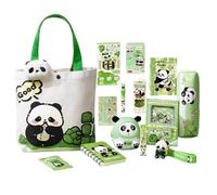 Ensemble de papeterie - Trousse à crayons panda avec marque-page magnétique et broche | Comprend une gomme, des cahiers, des stylos, des règles, des notes autocollantes, des fournitures scolaires