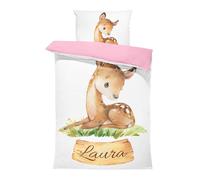 Ensemble de Parure de Lit Personnalisable avec Nom pour Bébé et Enfant - Couleur de base en coton sélectionnable - Animaux, Housse de Couette Zippée et Taie d'Oreiller Incluses (cerf, 80 x 120)