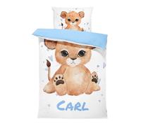 Ensemble de Parure de Lit Personnalisable avec Nom pour Bébé et Enfant - Couleur de Base en Coton sélectionnable - Animaux, Housse de Couette Zippée et Taie d'oreiller Incluses (Lion, 80 x 120)