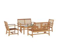Ensemble de patio en teck massif avec 2 chaises, des bancs et 1 table marron naturelle. Robuste et parfait pour l'extérieur. Sièges pour tout le monde, et il y a une housse pour le protéger. Montage f