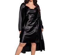 Ensemble de peignoir d'été décontracté 2 pièces en satin pour femme, nuisette à bordure florale en maille et manches longues pour les vacances, la plage, les vacances, Noir , 5XL