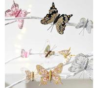 Ensemble de pendentifs papillon de Noël fabriqués à la main avec clips, papillons artificiels colorés en plastique, légers et faciles à accrocher sur des couronnes ou des arbres (argent et abricot)