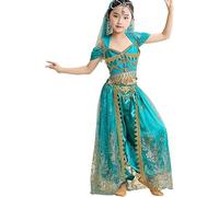 Ensemble de performance de danse orientale pour enfant, costume de princesse Jasmine pour danse indienne avec lampe d'Aladdin, costume de performance pour fille, Bleu paon., M