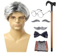 Ensemble de perruque et de moustache Old Man - Kit d'accessoires de cosplay de grand-père 8pcs | Perruque à cheveux fausses avec bâton de marche, lunettes, faux sourcils et nœud papillon pour les cost