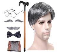 Ensemble de perruque et de moustache Old Man - Kit d'accessoires de cosplay de grand-père 8pcs | Perruque à cheveux fausses avec bâton de marche, lunettes, faux sourcils et nœud papillon pour les cost