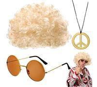 Ensemble de perruque hippie pour homme - Ensemble de collier et perruque hippie | Ensemble de collier et perruque hippie | Moustache des années 70 | Comprend une perruque afro, des lunettes de soleil