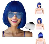 Ensemble de perruques de fête avec bonnet et lunettes de soleil, perruques de cheveux courts raides avec frange plate, perruque synthétique colorée, pour cosplay, fête quotidienne (bleu roi)
