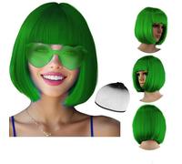 Ensemble de perruques de fête avec bonnet et lunettes de soleil, perruques de cheveux courts raides avec frange plate, perruque synthétique colorée, pour cosplay, fête quotidienne (vert)