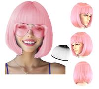 Ensemble de perruques de fête avec bonnet et lunettes de soleil, perruques de cheveux courts raides avec frange plate, perruque synthétique colorée, pour cosplay, fête quotidienne (rose clair)