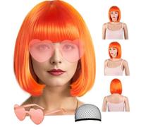 Ensemble de perruques de fête avec bonnet et lunettes de soleil, perruques de cheveux courts raides avec frange plate, perruque synthétique colorée, pour cosplay, fête quotidienne (orange)