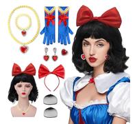 Ensemble de perruques noires pour costume de princesse des neiges, cheveux courts et bouclés avec nœud, bandeau, filet à cheveux, collier, gants, bijoux pour femmes, filles, anniversaire, Halloween