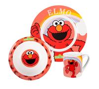 Ensemble de petit déjeuner 5 Rue Sésame Elmo - 3 pièces de vaisselle en porcelaine : assiette, bol et tasse