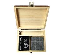 Ensemble de pierres à whisky avec 9 pierres de granit, une pince à épiler, un sac en velours et une boîte en bois, accessoire idéal pour refroidir les boissons sans diluer la pureté, préserver la